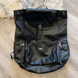 PINK Black Leather Backpack